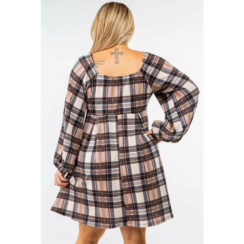 EG Fashion Plus Plaid Balloon Sleeve Midi Dress