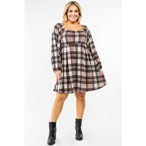 EG Fashion Plus Plaid Balloon Sleeve Midi Dress