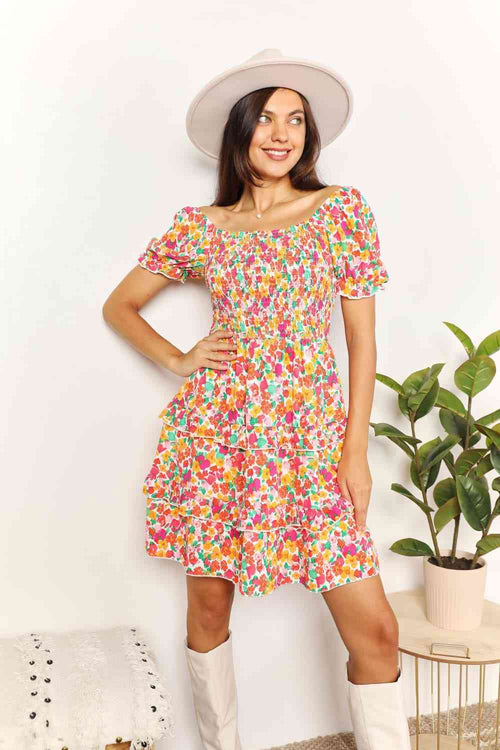 DOUBLE TAKE Smocked Sweetheart Neck Flounce Sleeve Mini Dress