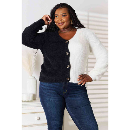 WOVEN RIGHT Contrast Button-Front V-Neck Cardigan