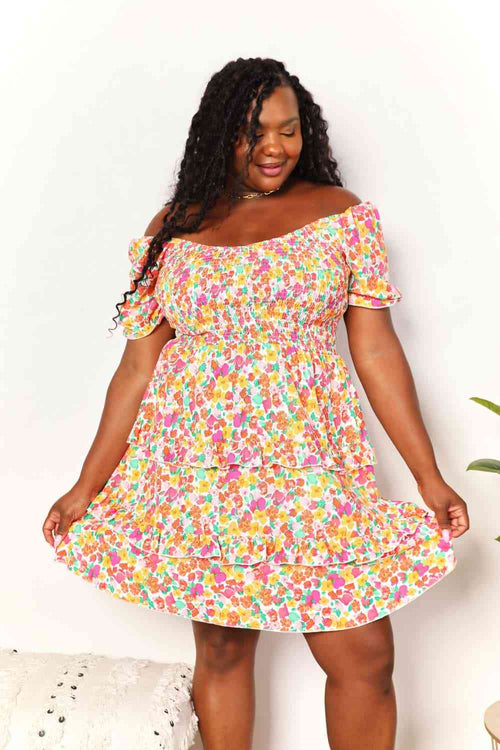 DOUBLE TAKE Smocked Sweetheart Neck Flounce Sleeve Mini Dress
