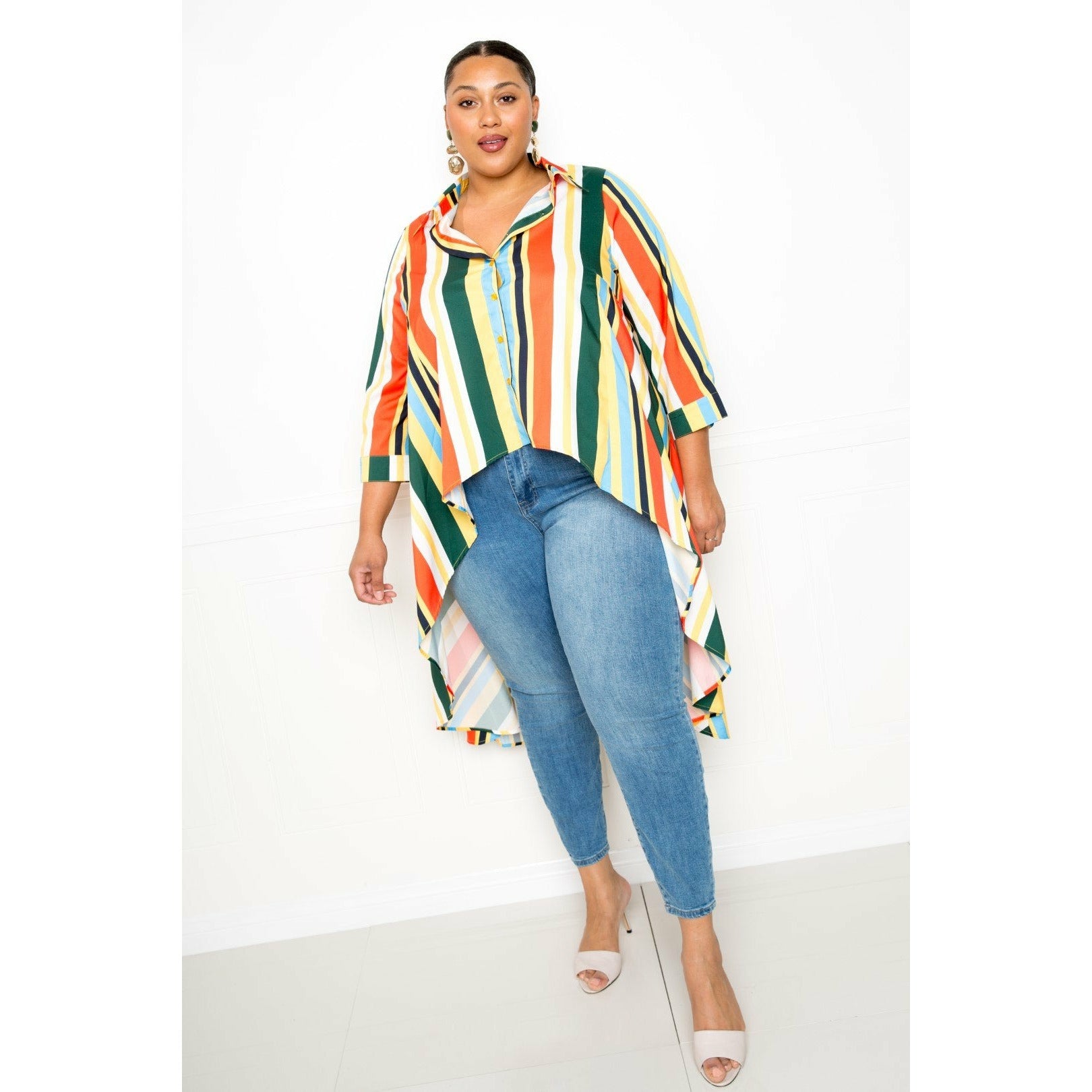 Plus-size Oversized Striped Hi Low Buttoned Shirt