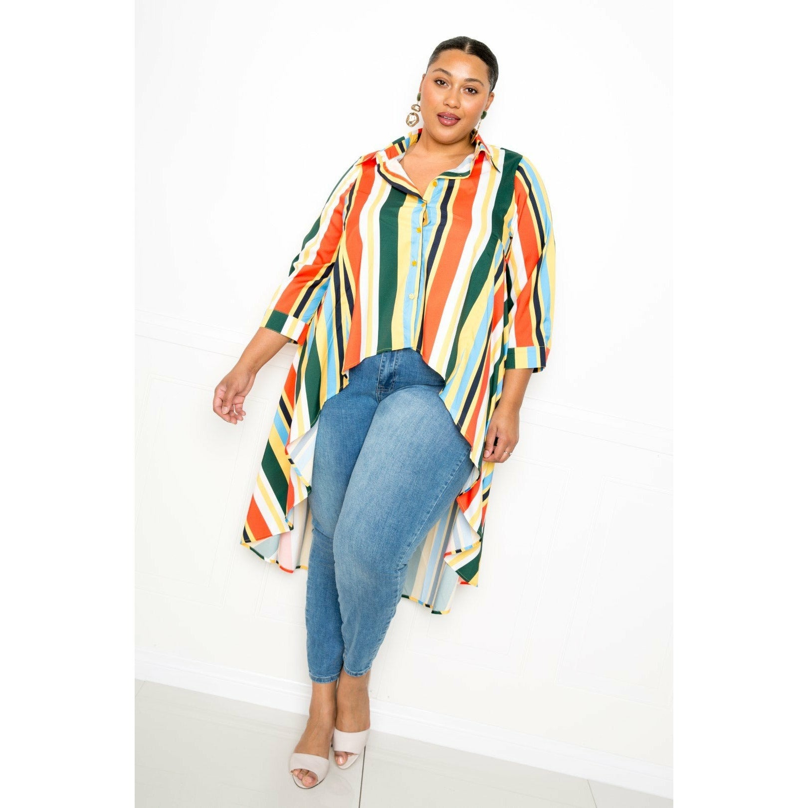 Plus-size Oversized Striped Hi Low Buttoned Shirt