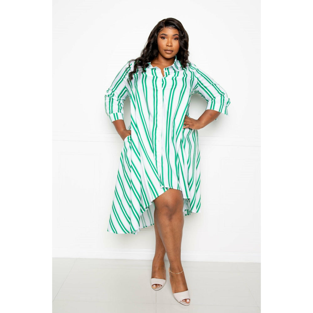 Women's Green Plus-size Stripe Shirt Dress