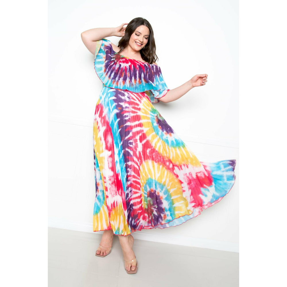 Robe longue plissée à épaules dénudées et effet tie-dye