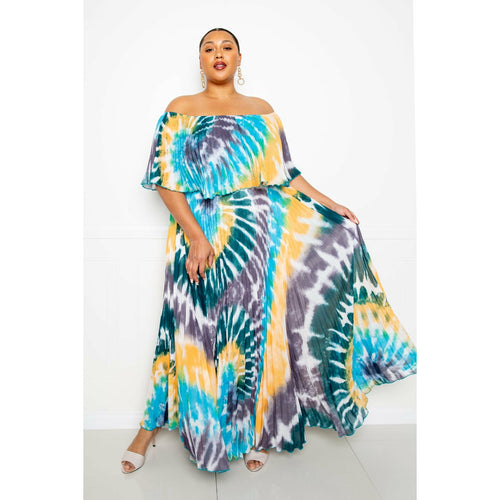 Robe longue plissée à épaules dénudées et effet tie-dye
