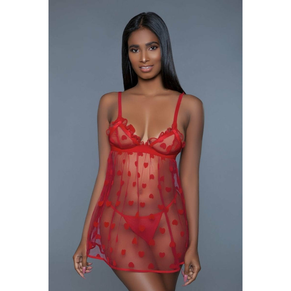 Women's Sexy 1 Piece Fine Red Mesh Heart Designed Slip Dress