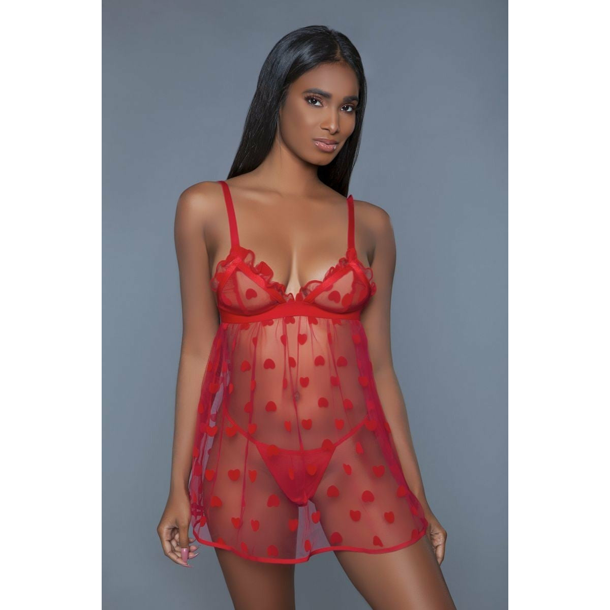 Women's Sexy 1 Piece Fine Red Mesh Heart Designed Slip Dress