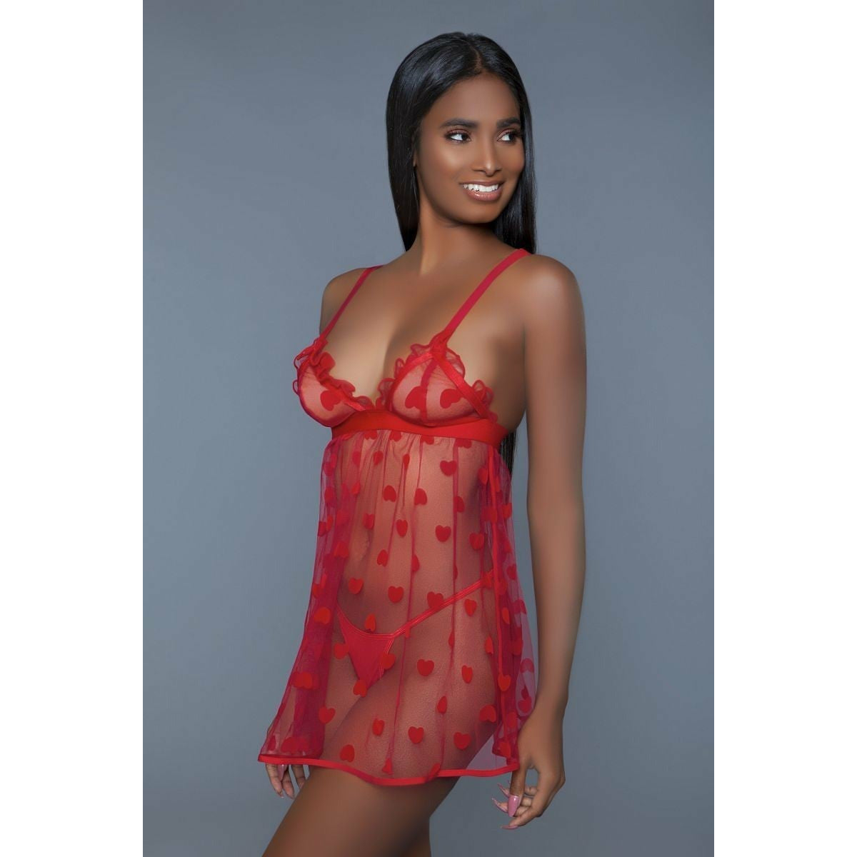 Women's Sexy 1 Piece Fine Red Mesh Heart Designed Slip Dress