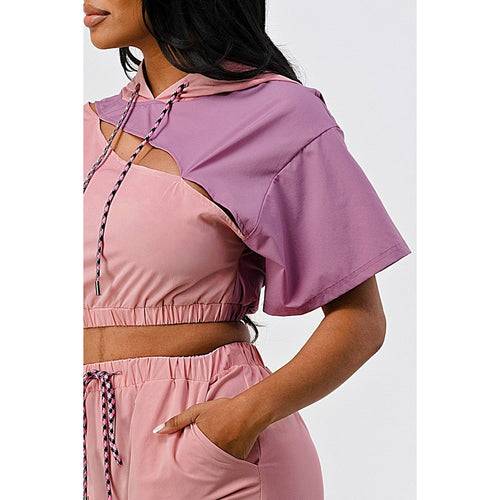 2 Piece Pants Set In Color Block with Hooded Top and Detachable Bottom Part