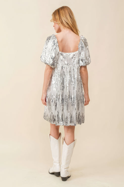 Silver Sequined Squared Collar Babydoll Mini Cocktail Dress