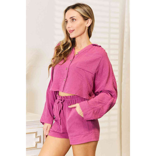 BASIC BAE Buttoned Long Sleeve Top and Shorts Set