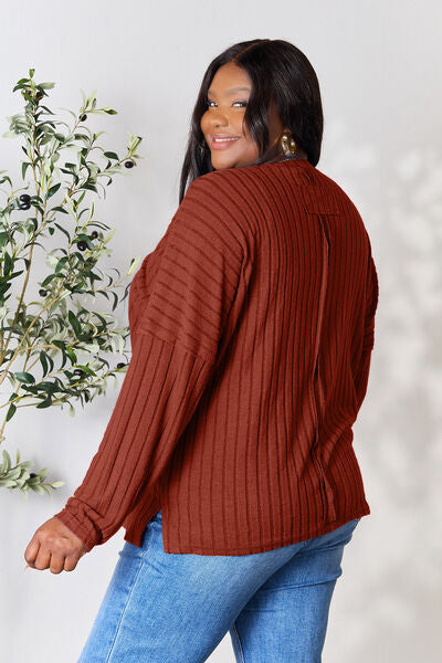 BASIC BAE Full Size Ribbed Round Neck Slit Knit Top